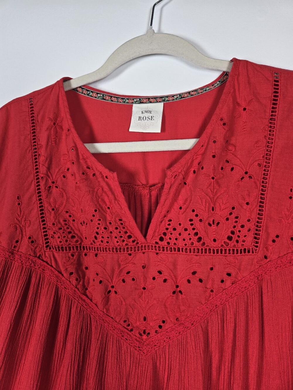 Knox Rose Red V-Neck Eyelet Mixed Media Boho Prairie Peasant Top Size XL - Picture 4 of 11